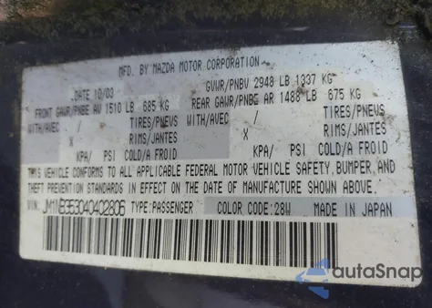 2004 Mazda Mx-5 Miata Ls из США, поврежденный, VIN JM1NB353040402806